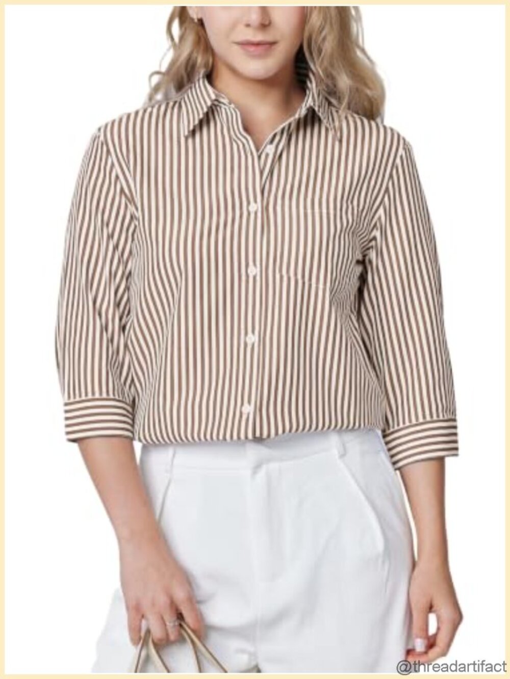Women's Striped Button Down Blouse 3/4 Sleeve Collared Work Shirt with Pocket